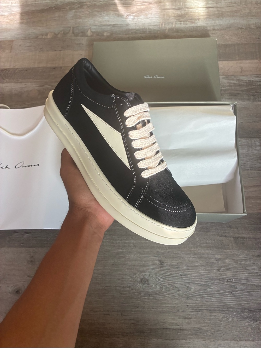Rick Owens Black Leather Low-Top Sneaker with Cream Accents